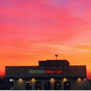 Our beautiful restaurant from afar at sunset!