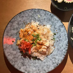 Poke Sashimi Bowl with 2 Toppings - spicy salmon and spicy scallop