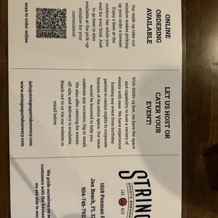 Back of the menu