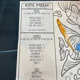 Kids menu