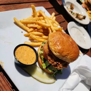 Crab cake sandwich with battered fries. Yes.