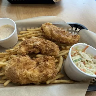Chicken Strips, Cole slaw , fries &amp; dipping sauce