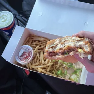 Worlds famous chicken sandwich  French fries  lemonade