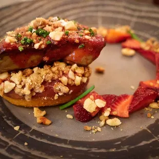 Hudson valley foie gras (ginger snap, strawberry glaxe, strawberries, hazelnuts)