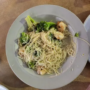 Angel Hair pasta with shrimp.