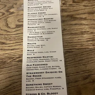 Cocktail menu