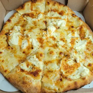 3 Cheese Bianca with Hot honey Drizzle.