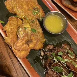 Tostones and guava bbq pork