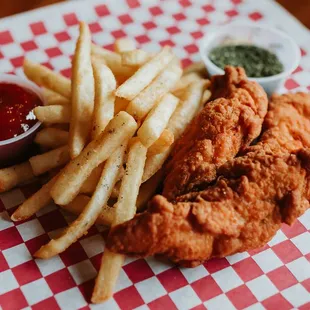 Chicken tenders and French fries.