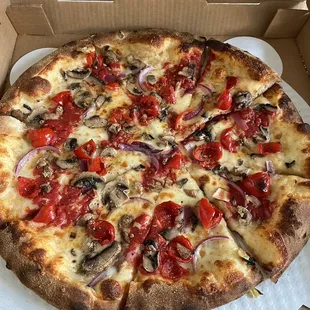 Build Create Your Own Pizza Peppadew peppers, red onion and mushroom with red sauce and moz cheese