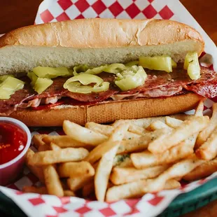 a sub sandwich and fries