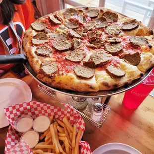 Large pizza: Double meatball and garlic. Side of fries and ranch.