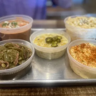 Sides - Green Beans, Borracho Beans, Jalapeno Creamed Corn, Deviled Egg Potato Salad and Mac &amp; Threso