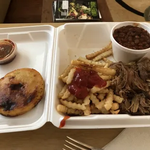 Pork &amp; 2 sides plus cheesy corn cake.