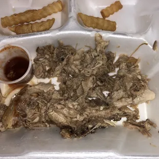 Pulled pork plate with over half fat and gristle. Not appetizing.