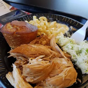 Chicken plate with mac, slaw, and a dry cornbread muffin.