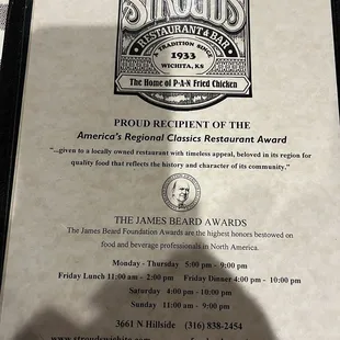 Awards and restaurant hours