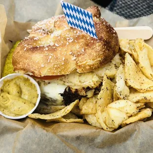 Delicious Brat Burger on a Pretzel