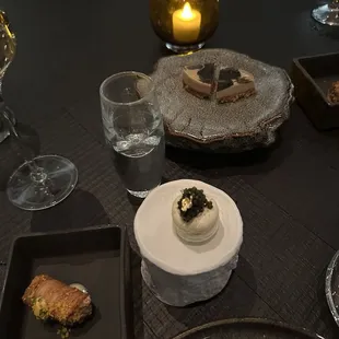 Hudson Valley Foie Gras Tart, Kaluga Caviar Macaron, Waygu Beef Tartare Canneloni.