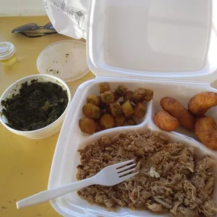 Pulled pork, collards, fried okra and hushpuppies.