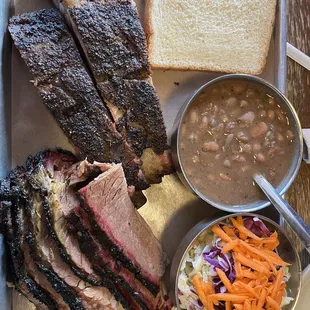 Brisket, spare ribs, pinto beans and coleslaw.
