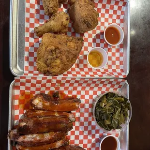 Sunday fries Fried Chicken- Sundays Only, Sides not included, and 2/3 rack ribs, with Collard Greens