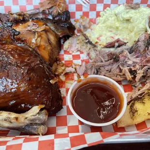 The chicken plate w/ pulled pork, toast, baked beans, and potato salad.