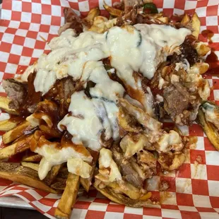 Loaded pulled pork fries - would leave off the Mac n cheese