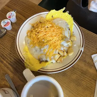 a plate of food and a cup of coffee
