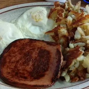 2 eggs, home fries and fried baloney.  Great breakfast!