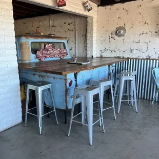 Table inside, made from an old truck.  So fun!