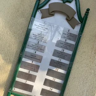 The Directory for the building. Head upstairs in the cool elevator!