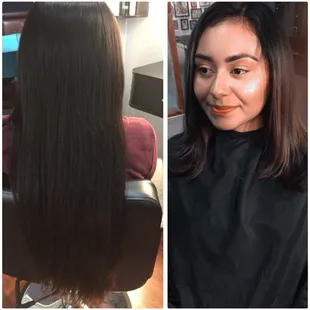 14inch virgin hair  cut off (donated to wigs for kids) with a Carmel balayage.
