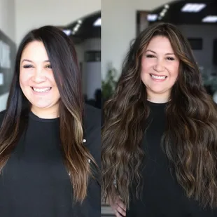 Low-maintenance brunette, hair color with luxury hair extensions for added volume and length