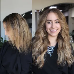 Before and after low maintenance custom color with two rows of 18"  NBR hair extensions