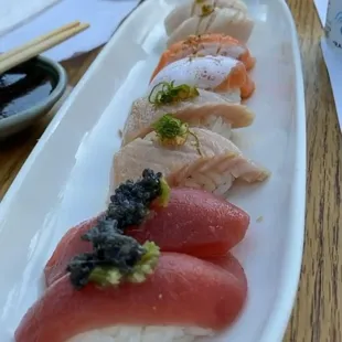 Bluefin tuna, albacore belly, salmon belly, and yellowtail belly