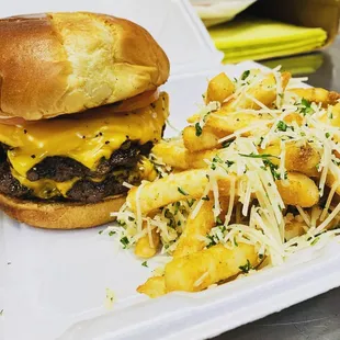 cheeseburger and fries