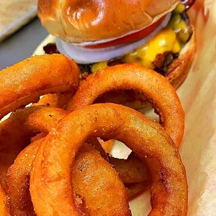 onion rings and a burger