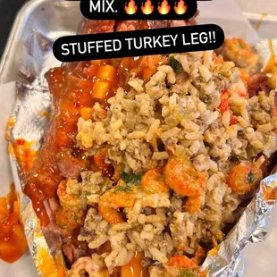 Mango with stuffed dirty rice and crawfish.