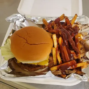 a hamburger and french fries