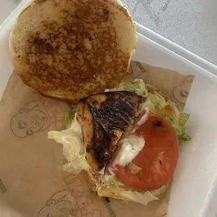This was what I got when I ordered a to go chicken sandwich. They literally stole half the meat... never again. I&apos;m done eating here