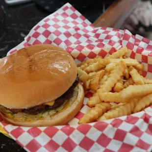 a hamburger and french fries