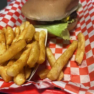 Cheese burger and fries - seasoned to perfection!