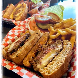 Reuben Burger stuffed with pastrami and Swiss cheese. Crazy delish!