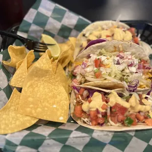 1 Sha-Rimp Taco Chicken Chorizo Dorito Burrito