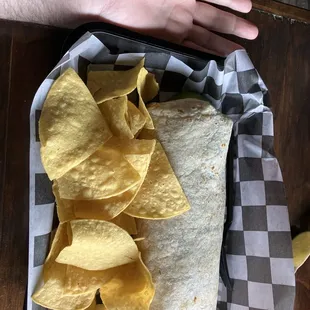 Chicken Chorizo Dorito Burrito, big one! (Hand for size comparison)