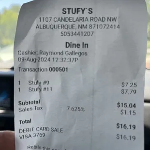 Stufy's.  Receipt.