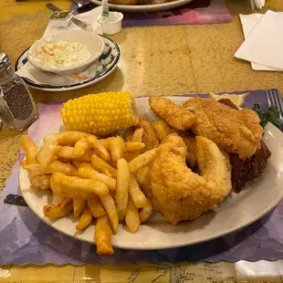 Beer battered fish and chips, seasoned fries, Cole slaw, corn on the cob, darn delicious!!