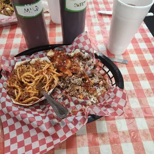Hawaiian burger and BBQ spaghetti with Arnold palmer.