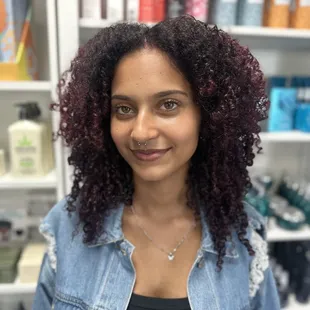 Curly hair cut and color. Fresno curl specialist. Red hair. Wine hair.